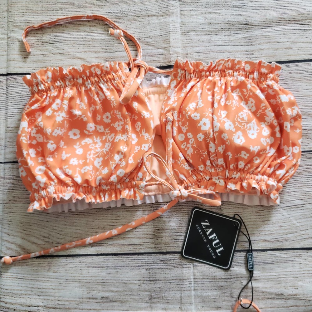 ✔️ZAFUL Orange White Floral Lettuce Trim Bikini Top